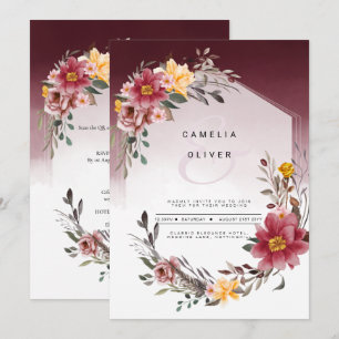 Bröllbjudan till Blommigten LeahG Burgundy Gult Inbjudningar