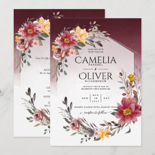 Bröllbjudan till Blommigten LeahG Burgundy Gult Inbjudningar