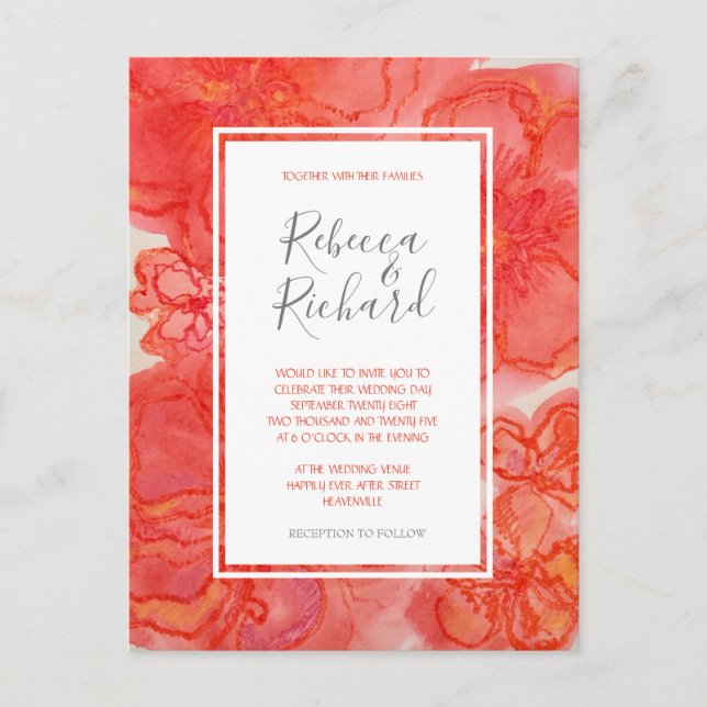 Bröllbjudan till Blommigten Modern koral Watercolo Inbjudan Vykort (Framsida)