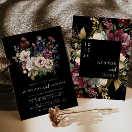 Bröllbjudan till Blommigten mörk Bröllop Stationer Inbjudningar