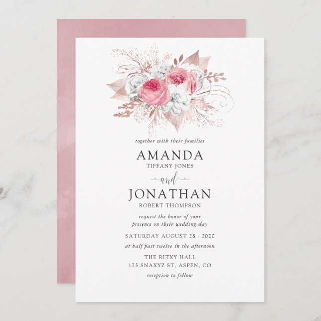 Bröllbjudan till Blommigten om  Rosan och Ro Guld Inbjudningar (Fram/baksida)