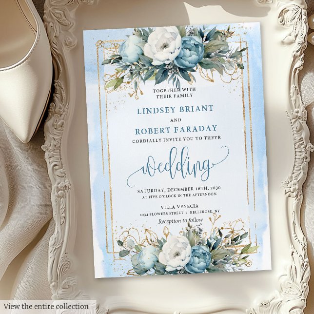 Bröllbjudan till Blommigten Romantic Dusty Blue Gu Inbjudningar (Romantic Dusty Blue Gold Floral Wedding Invitation)