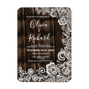 Bröllbjudan till Blommigten Rustic Wood White Snör Magnet