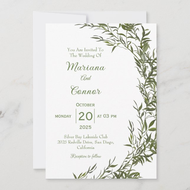 Bröllbjudan till botaniskt grönt vattenfärgsbröllo inbjudningar (Framsida)