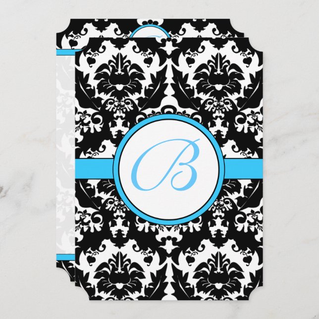 Bröllbjudan till Bright Aqua Damask Heart Swirls Inbjudningar (Fram/baksida)