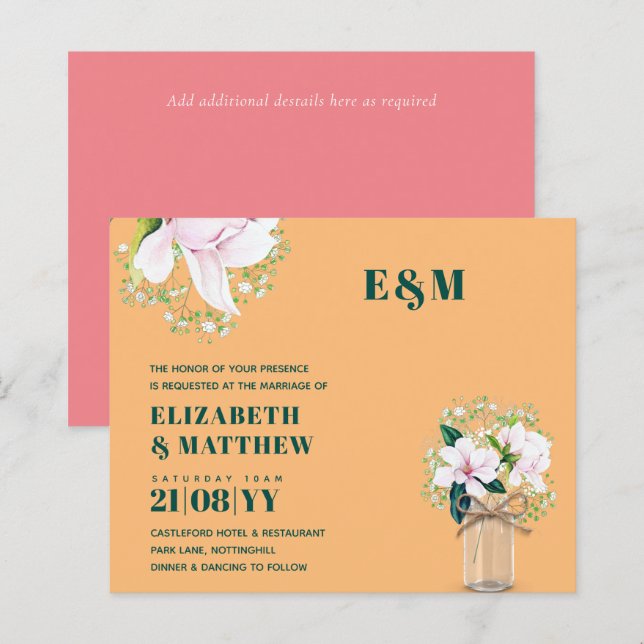 Bröllbjudan till BUDGET Blommigt Rosa Magnolias Gr (Fram/baksida)