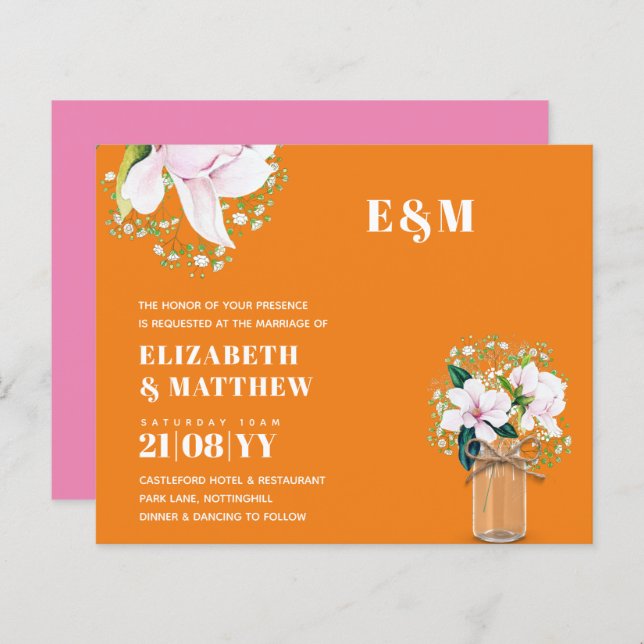 Bröllbjudan till BUDGET Blommigt Rosa Magnolias Gr (Fram/baksida)