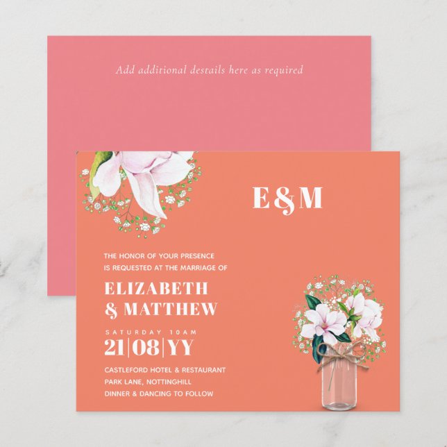 Bröllbjudan till BUDGET Blommigt Rosa Magnolias Gr (Fram/baksida)