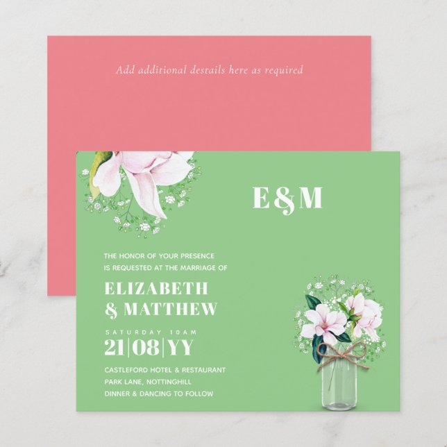 Bröllbjudan till BUDGET Blommigt Rosa Magnolias Gr (Fram/baksida)