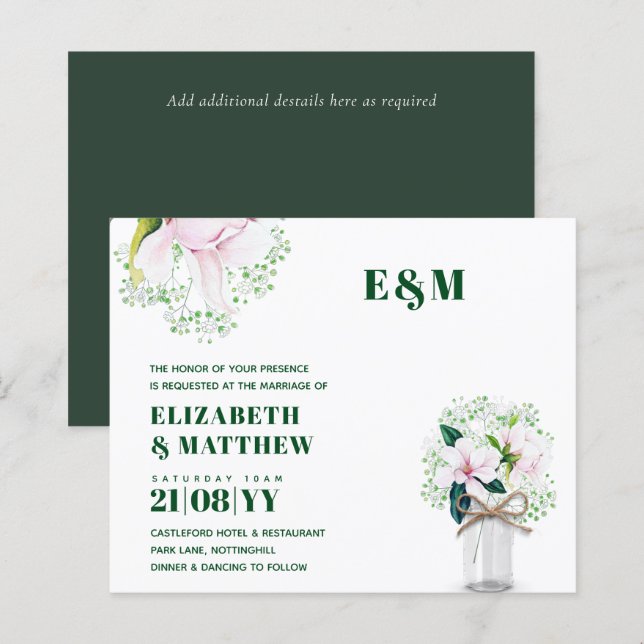 Bröllbjudan till BUDGET Blommigt Rosa Magnolias Gr (Fram/baksida)
