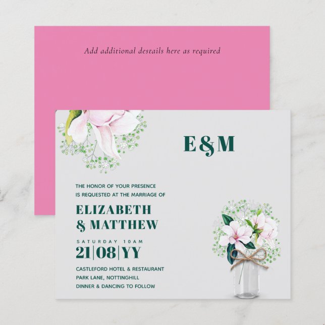Bröllbjudan till BUDGET Blommigt Rosa Magnolias Gr (Fram/baksida)