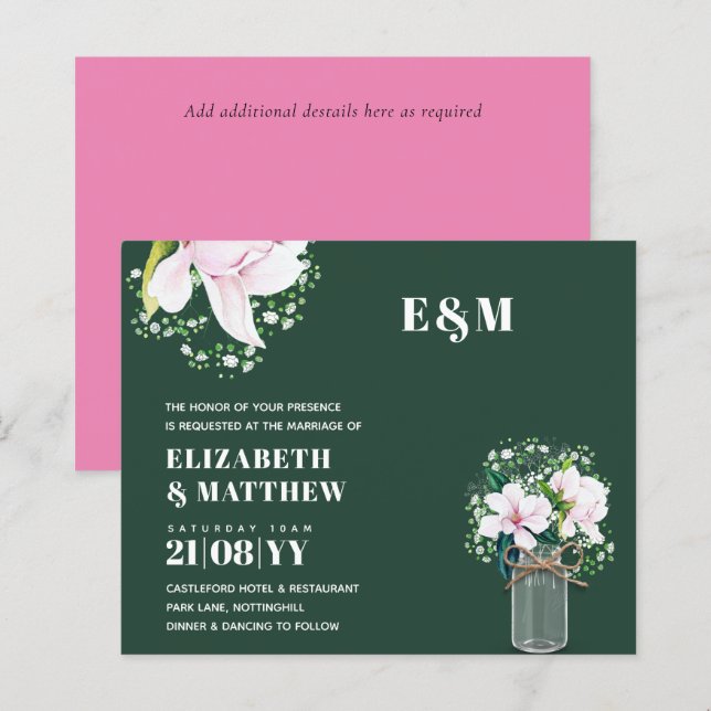 Bröllbjudan till BUDGET Blommigt Rosa Magnolias Gr (Fram/baksida)