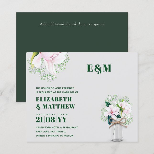 Bröllbjudan till BUDGET Blommigt Rosa Magnolias Gr (Fram/baksida)