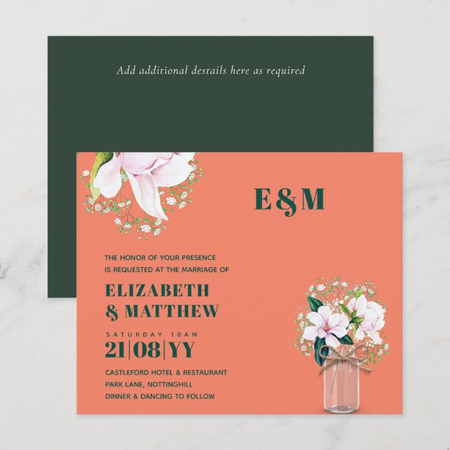 Bröllbjudan till BUDGET Blommigt Rosa Magnolias Gr (Fram/baksida)