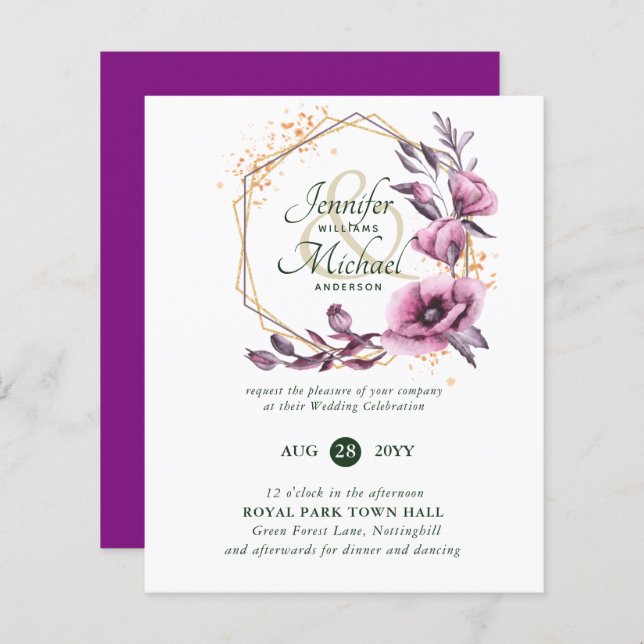 Bröllbjudan till BUDGETEN Lila Guld Blommigt (Fram/baksida)