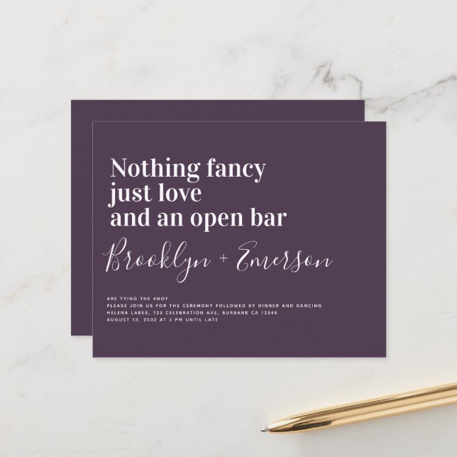 Bröllbjudan till BUDGETEN Lustigt typografi (Fram/Back In Situ)