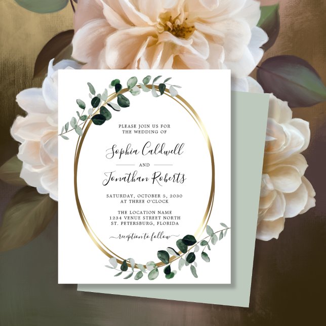 Bröllbjudan till budgetens eukalyptus guldfotnotsa (Budget Eucalyptus Gold Oval Wedding Invitation ScriptNames WhiteSage)