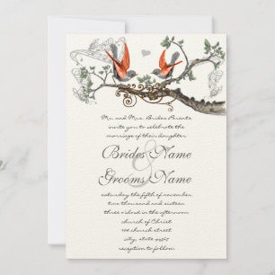 Bröllbjudan till Coral & Grått Vintage Birds Weddi Inbjudningar