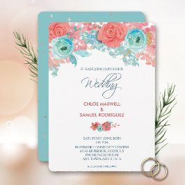 Bröllbjudan till Coral Rosa and Aqua Blommigt Wedd Inbjudningar