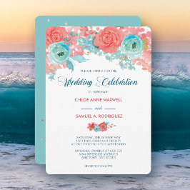 Bröllbjudan till Coral Rosa and Aqua Blommigt Wedd Inbjudningar