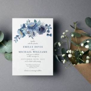 Bröllbjudan till Dusty Blue Navy Ivory Blommigt We Inbjudningar