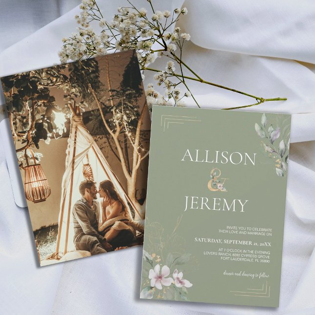 Bröllbjudan till elegant Botaniskt sändebud Grönt  Inbjudningar (Sage Green Botanical Spring Wedding Invite)