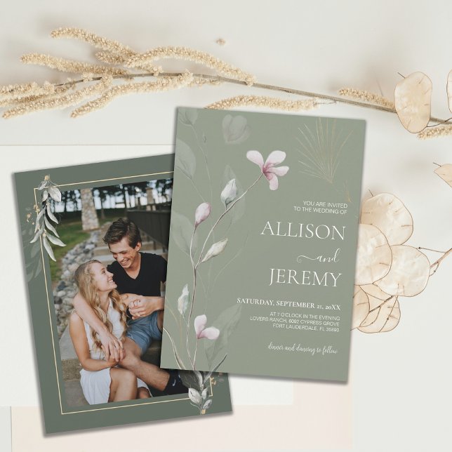 Bröllbjudan till elegant Botaniskt sändebud Grönt  Inbjudningar (sage green gold botanical minimalist photo wedding invite)
