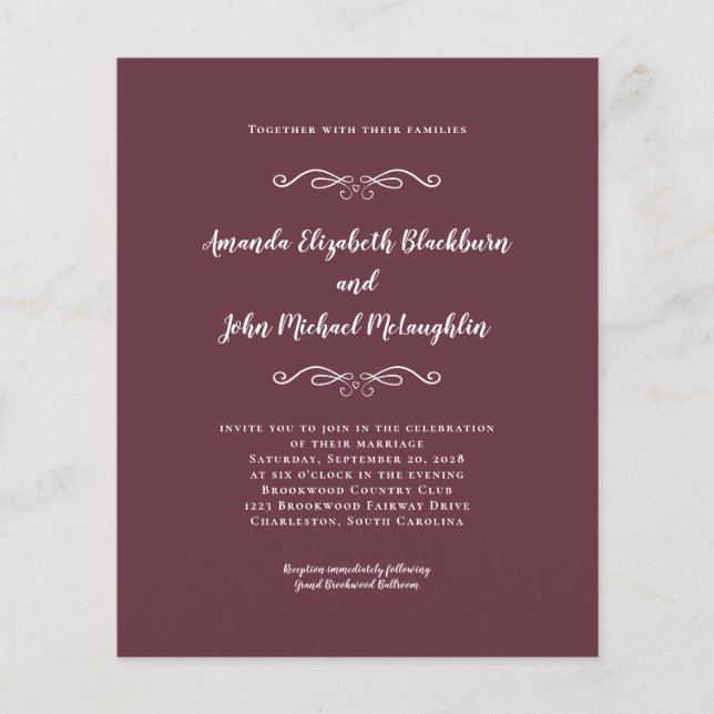 Bröllbjudan till elegant Burgundy White Budget (Framsida)