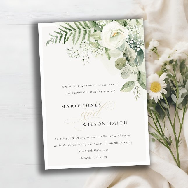 Bröllbjudan till elegant Fern Greenery White Blomm Tack Kort (Skapare uppladdad)