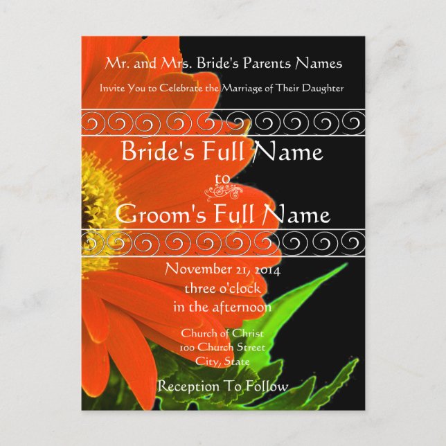 Bröllbjudan till elegant Gerber Daisy Wedding Inbjudan Vykort (Framsida)