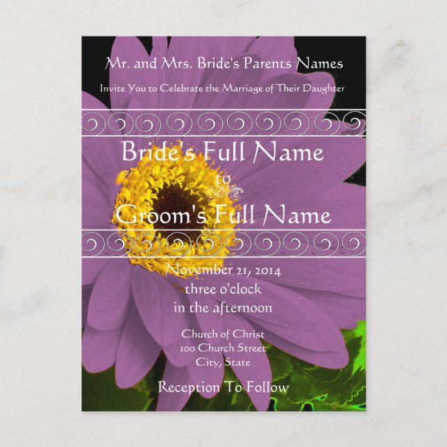 Bröllbjudan till elegant Gerber Daisy Wedding Inbjudan Vykort (Framsida)