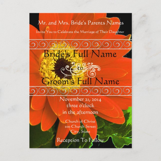 Bröllbjudan till elegant Gerber Daisy Wedding Inbjudan Vykort (Framsida)