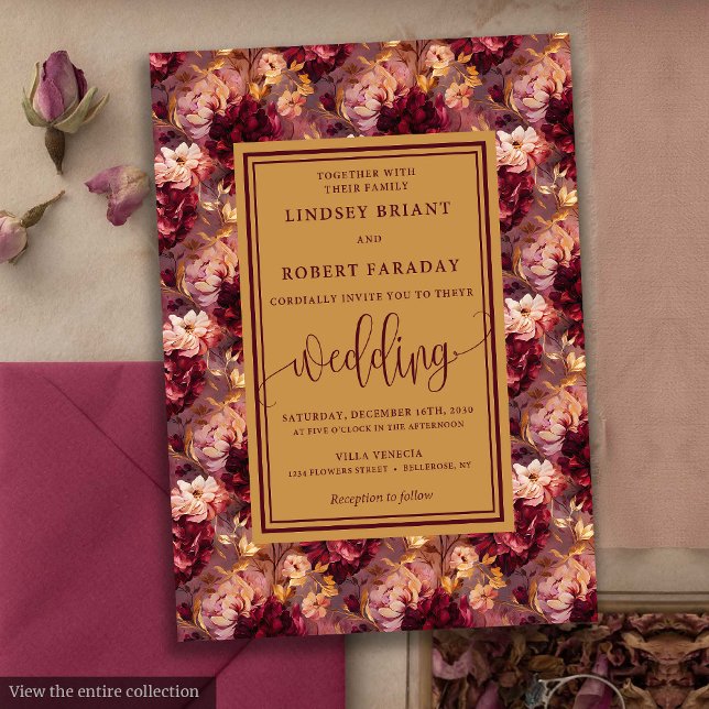 Bröllbjudan till elegant Luxury Burgundy Guld Blom Inbjudningar (Elegant Luxury Burgundy Gold Floral Wedding Invitation)