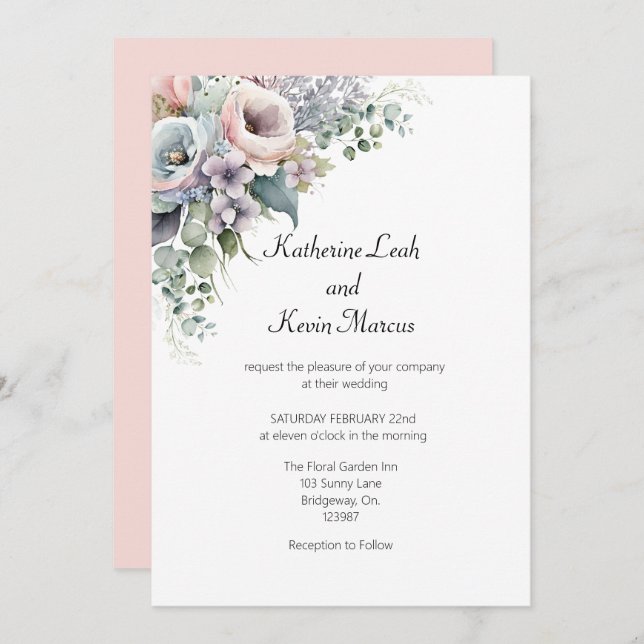 Bröllbjudan till elegant  Rosa White Blommigt Wedd Inbjudningar (Fram/baksida)