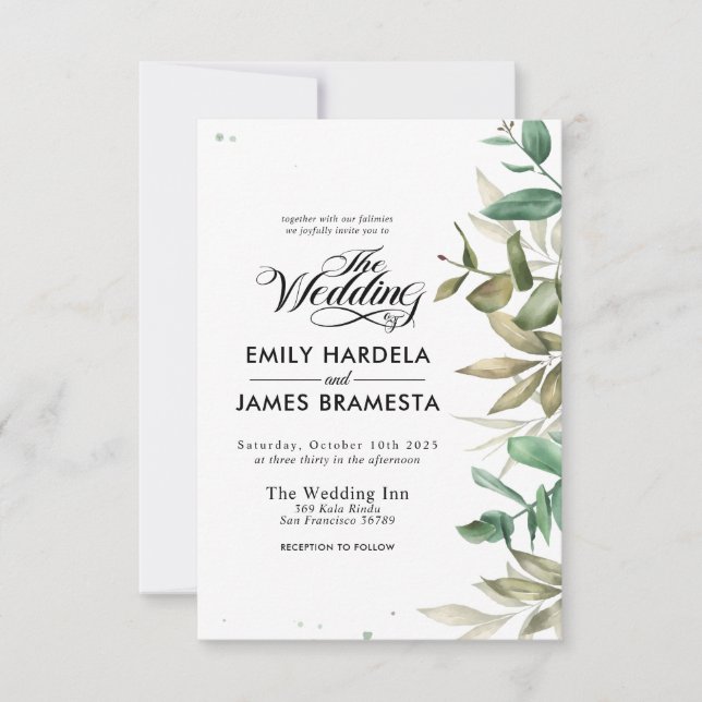 Bröllbjudan till Eucalyptus Watercolor Budget Inbjudningar (Framsida)
