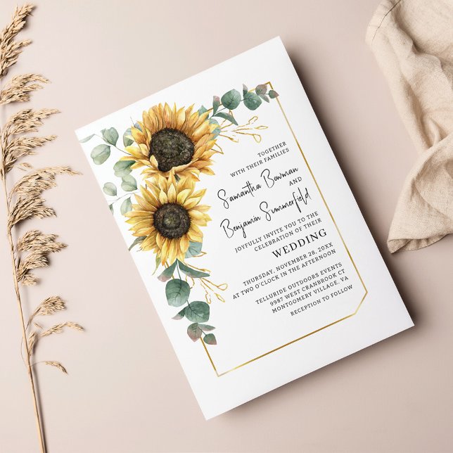 Bröllbjudan till EUCLAPtus Solros budget Flygblad (Sunflower Eucalyptus Floral Script Wedding Invitation)