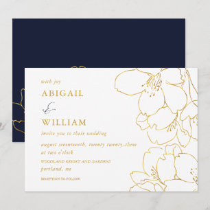 Bröllbjudan till Faux Guld och White Blommigt Navy Inbjudningar