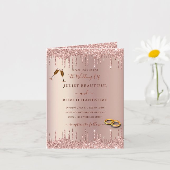 Bröllbjudan till  Glitter-lyxbröllop i ro Guld Kort (Liten växt)