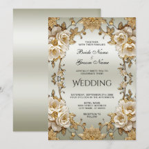 Bröllbjudan till Golden Ornate White Flowers