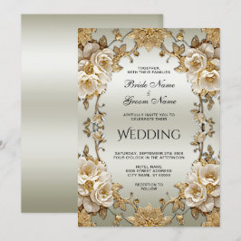 Bröllbjudan till Golden Ornate White Flowers Inbjudningar