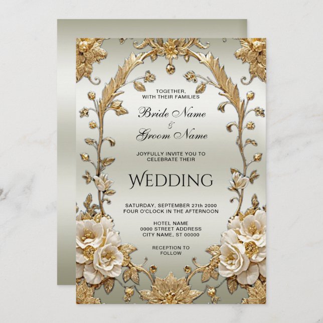 Bröllbjudan till Golden Ornate White Flowers Inbjudningar (Fram/baksida)