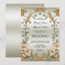 Bröllbjudan till Golden Ornate White Flowers