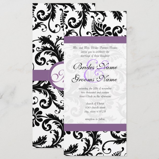 Bröllbjudan till Grape Trim Black Damask Swirls Inbjudningar (Fram/baksida)