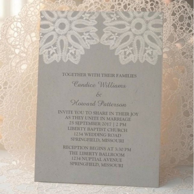 Bröllbjudan till grått Elegant Snöre Inbjudningar (Gray Elegant Lace Wedding Invite)
