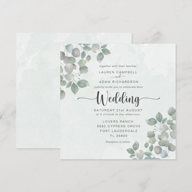 Bröllbjudan till Greenery Eucalyptus Watercolor-br Inbjudningar (Fram/baksida)