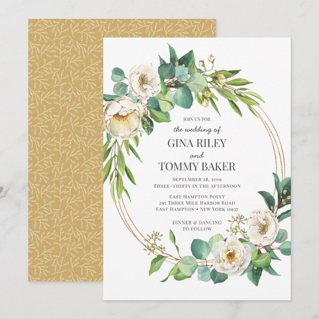 Bröllbjudan till Grey och Guld White blommigt Inbjudningar (Fram/baksida)