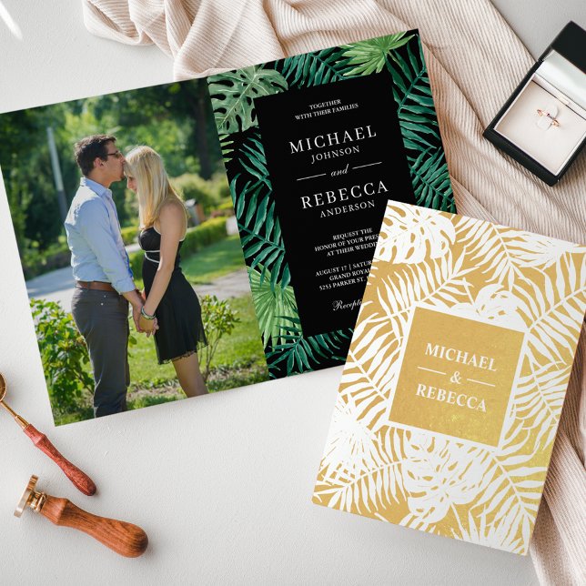 Bröllbjudan till grönt Black Guld Lövs Handflatan Folierat Kort (Skapare uppladdad)