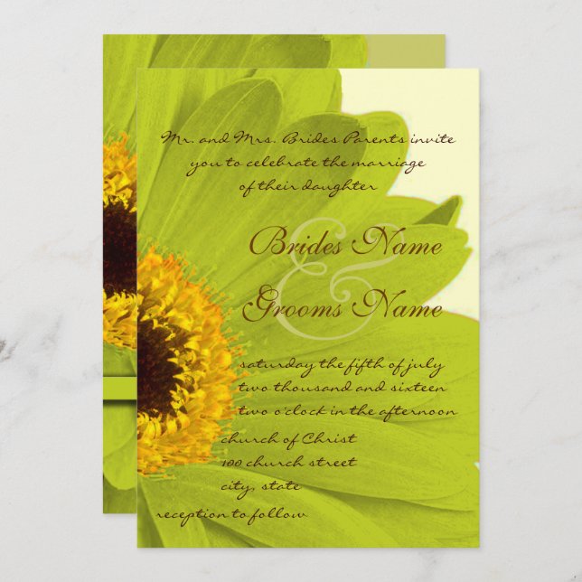 Bröllbjudan till grönt och Gult Daisy Gerber  Inbjudningar (Fram/baksida)