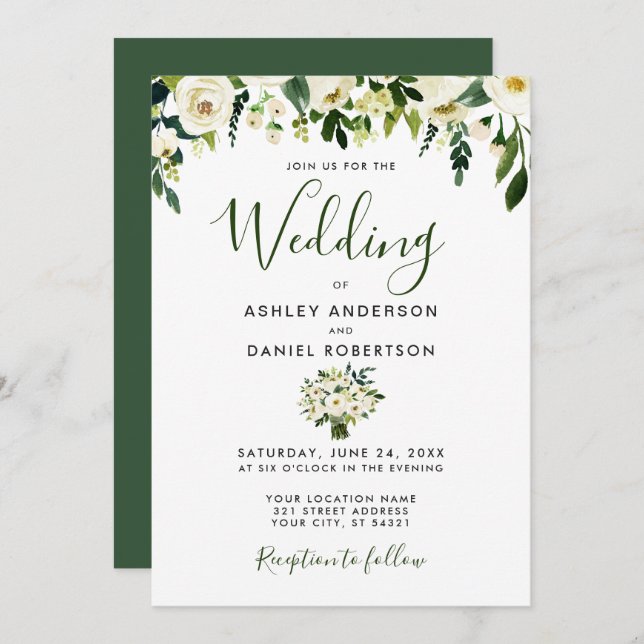 Bröllbjudan till Grönten Modern Watercolor Blommig Inbjudningar (Fram/baksida)
