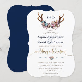 Bröllbjudan till Guld Antlers Dusty Blue Blommigt Inbjudningar